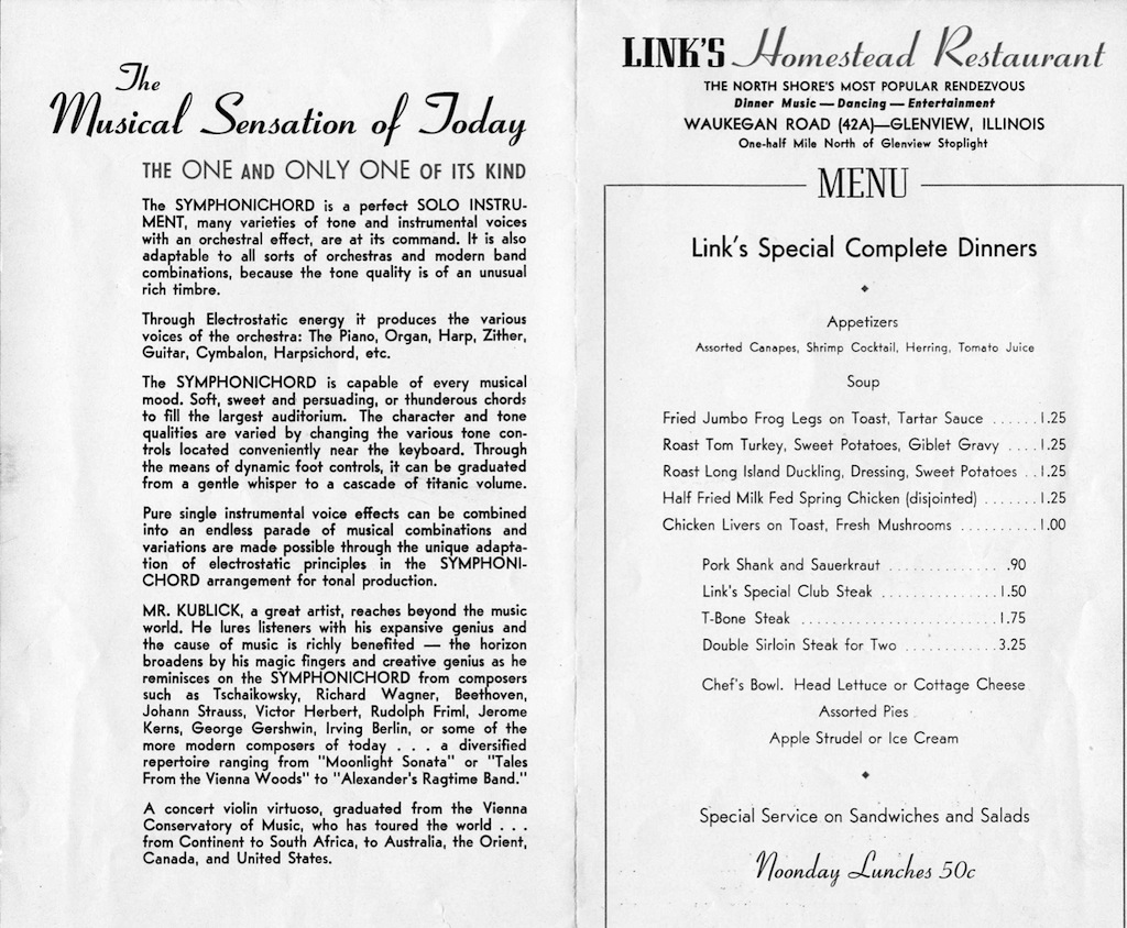 Brochure for Link's &quot;Homestead Restaurant,&quot; located in Glenview, Illinois.