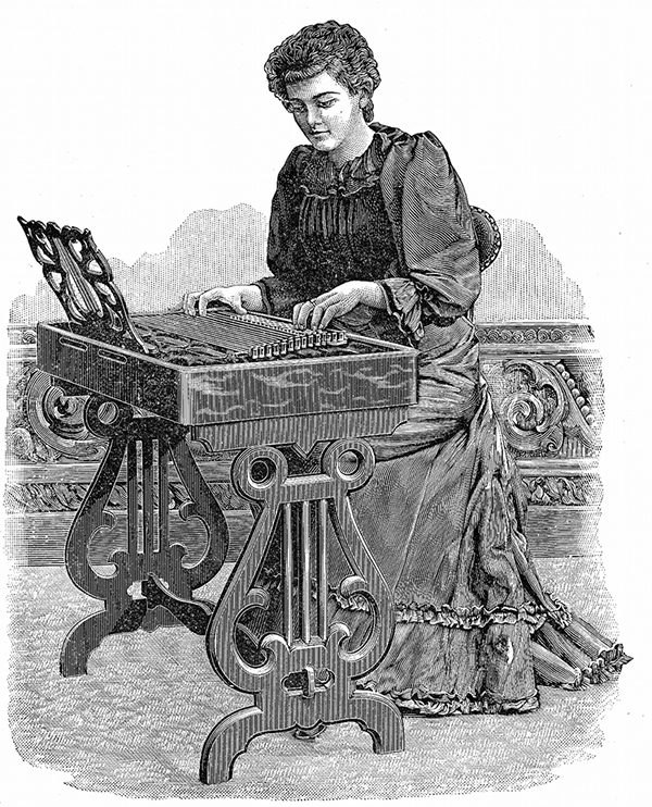 Lady playing a Schwarzer table zither.